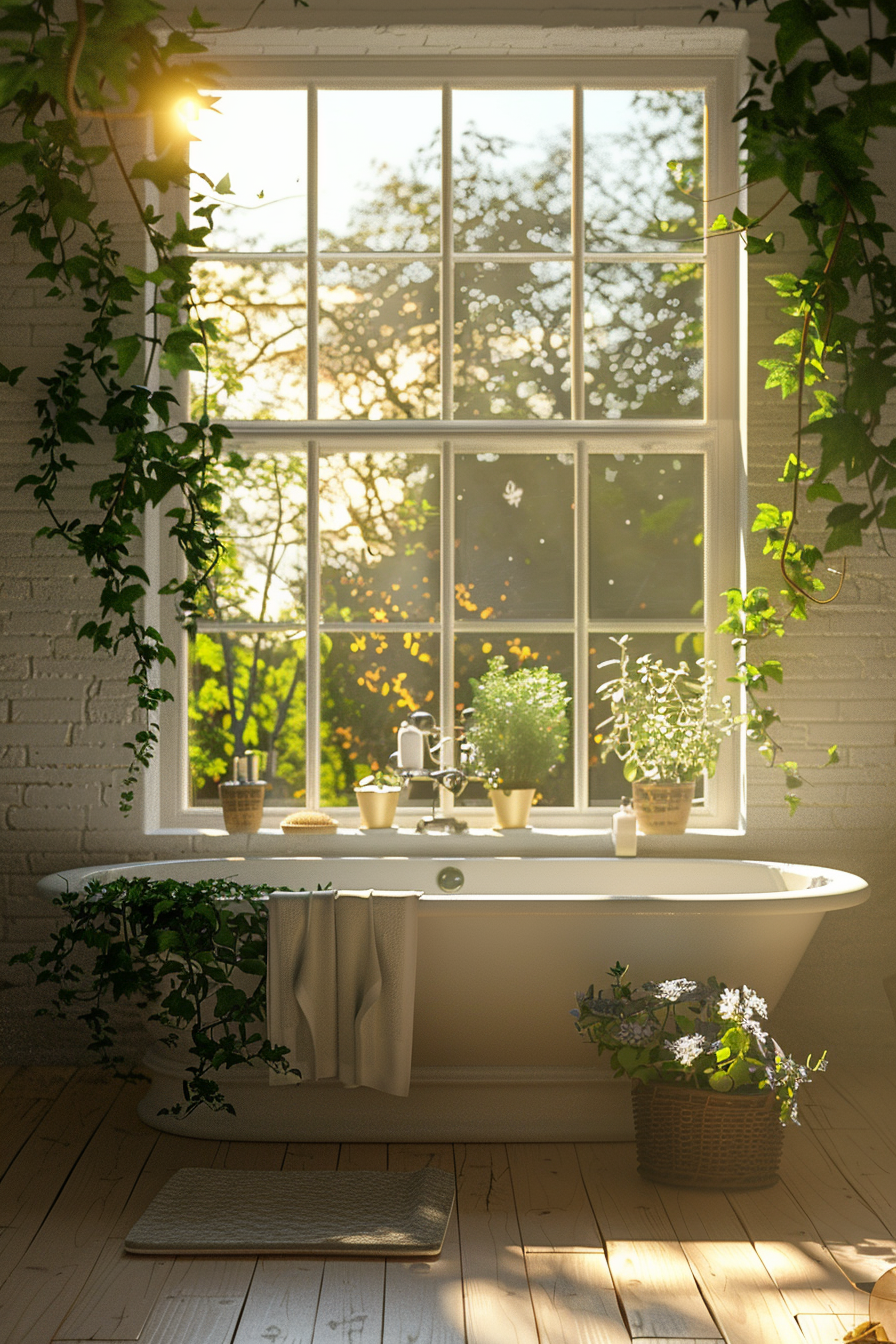 Sunlit bathroom with a claw-foot tub near a window, plants on the sill, and ivy on white brick walls.