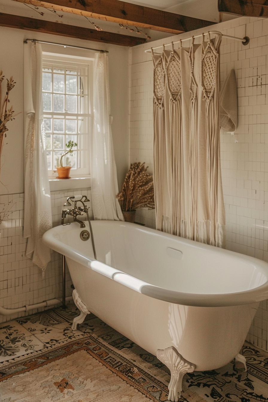 ALT: A cozy bathroom with a vintage claw-foot bathtub, patterned area rug, white subway tiles, and a window with sheer curtains.