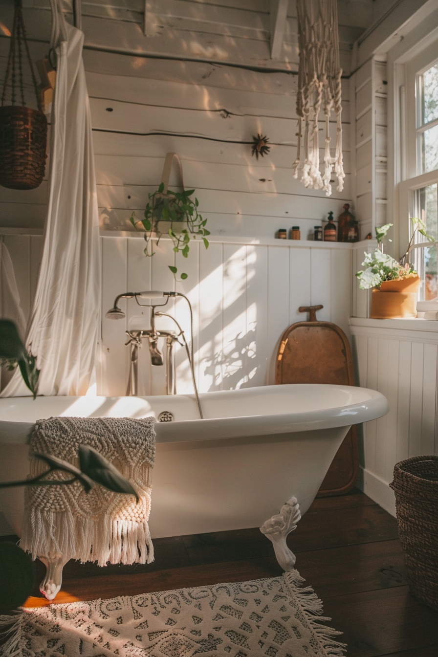 A cozy bathroom with a freestanding bathtub, plants hanging and sitting by the window, and sunlight streaming in.
