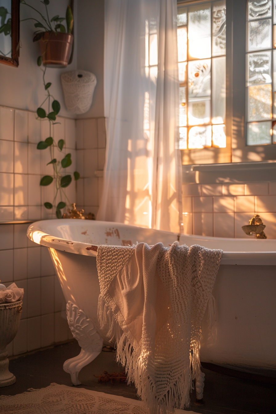 ALT Text: "Sunlit bathroom with a classic claw-foot tub, delicate curtains, and plants, giving a warm, cozy ambiance."