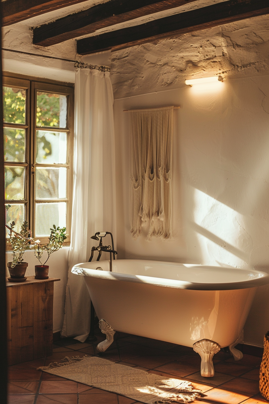 A cozy bathroom with a claw-foot tub, wooden accents, and warm sunlight streaming through a window.