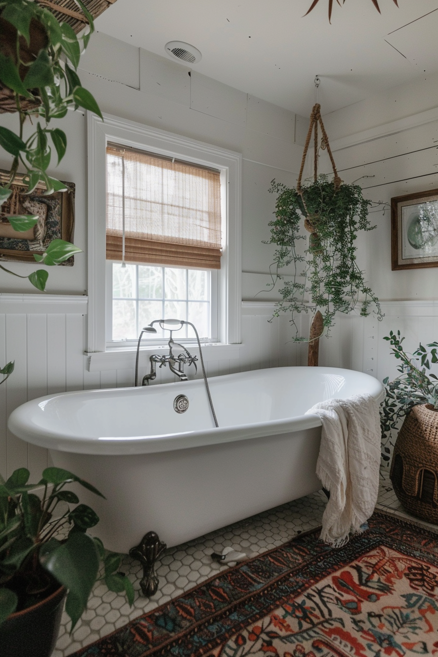ALT text: A cozy bathroom with a freestanding white bathtub, patterned rugs on the floor, and greenery hanging beside a window with bamboo shades.