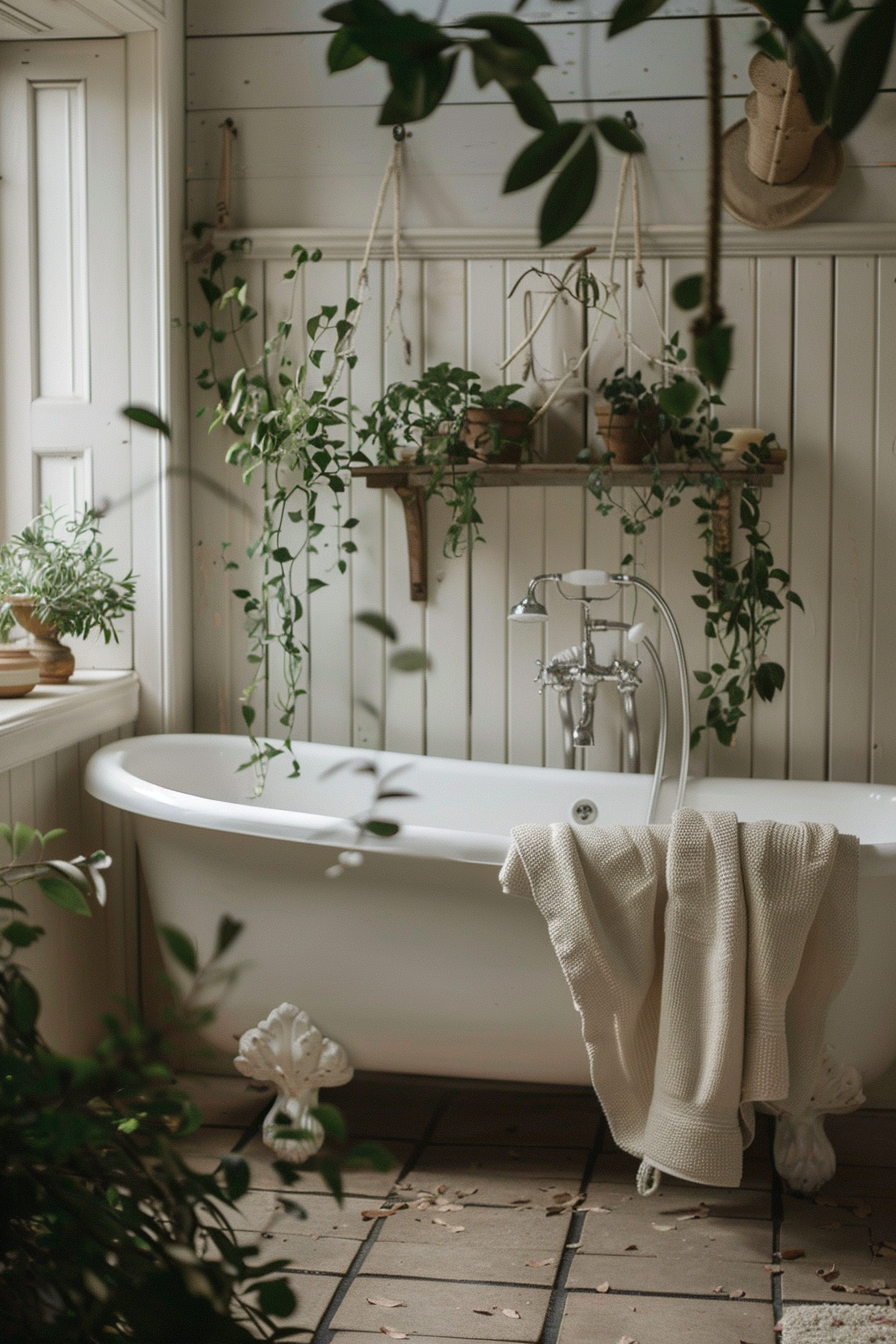 A cozy bathroom with a freestanding white bathtub surrounded by hanging and potted green plants, with a beige towel draped over the side.