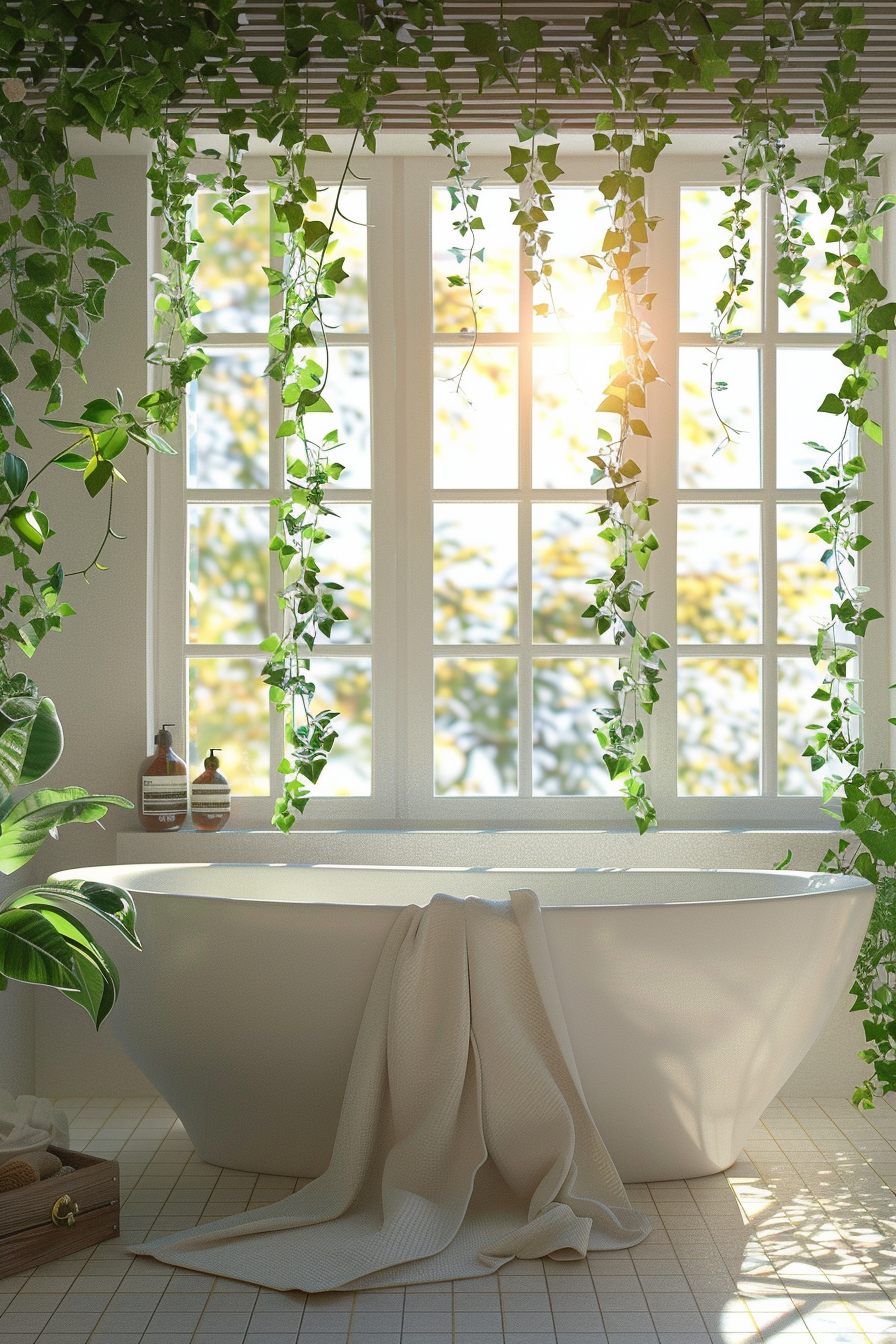 A sunlit bathroom with a freestanding bathtub, surrounded by hanging green plants and a window with a view of trees.