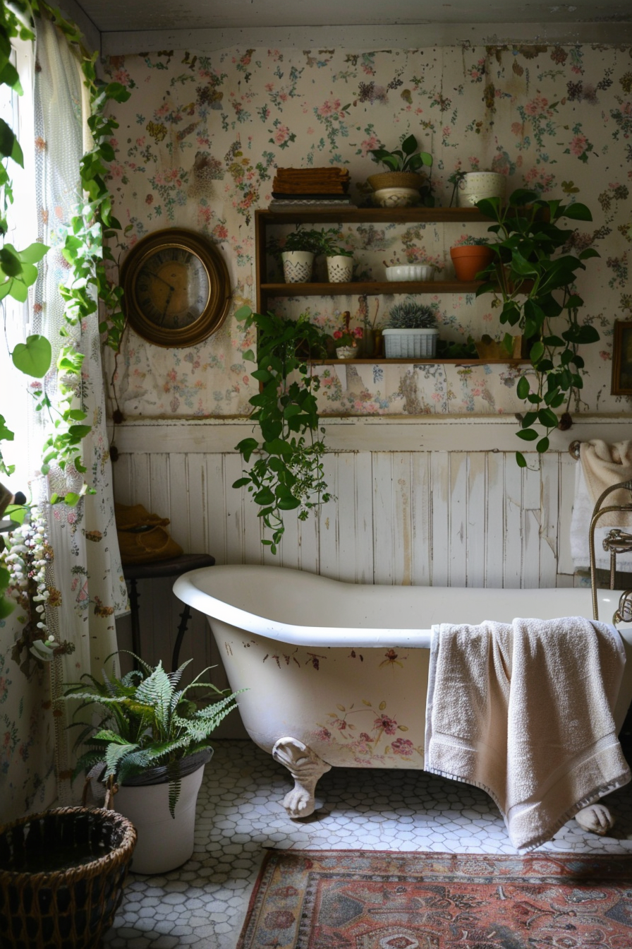 Vintage-style bathroom with claw-foot tub, floral wallpaper, hanging plants, and decorative rug.
