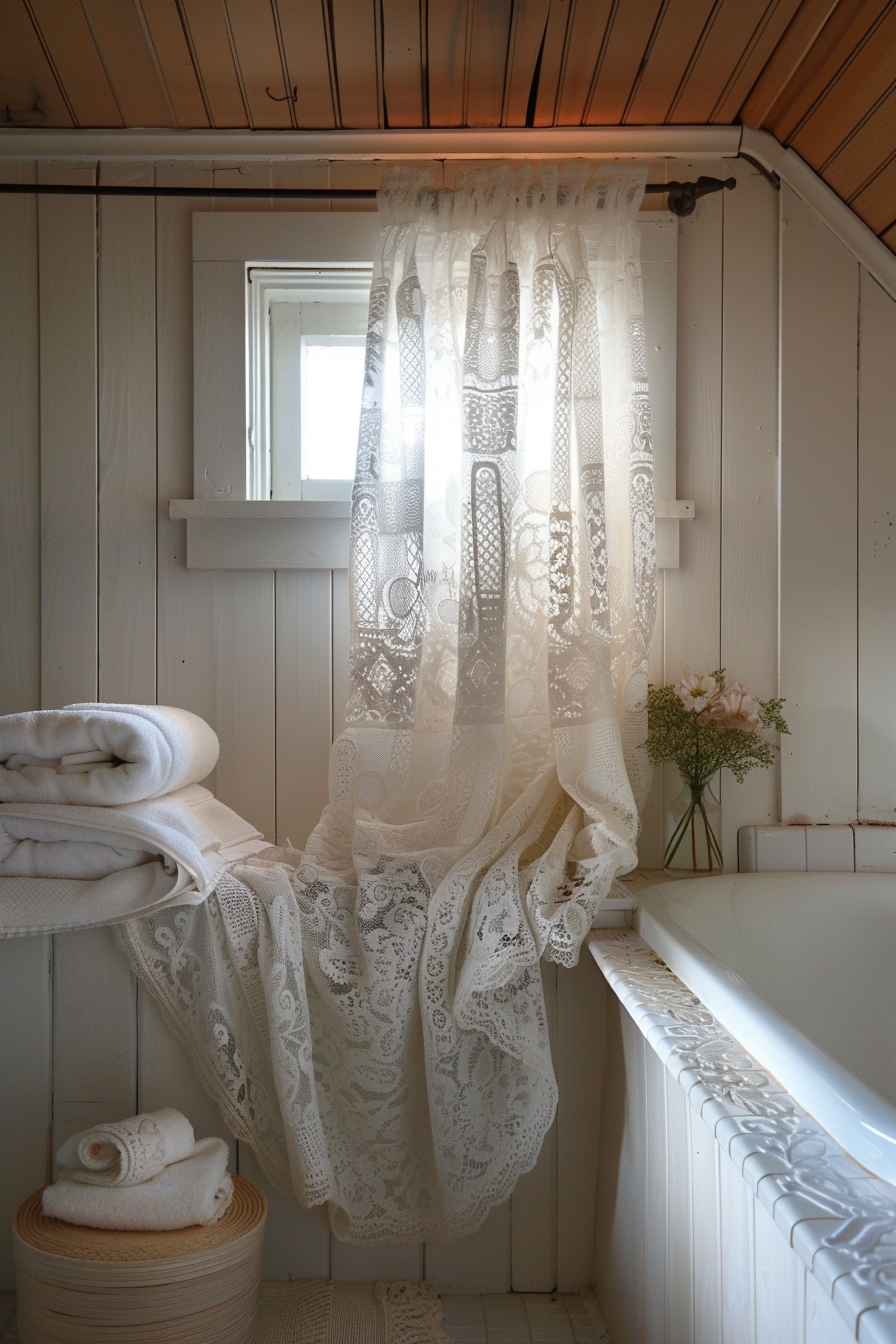 A cozy bathroom with white paneling, a sheer lace curtain billowing by a small window, fresh towels, and a bathtub with ornate details.