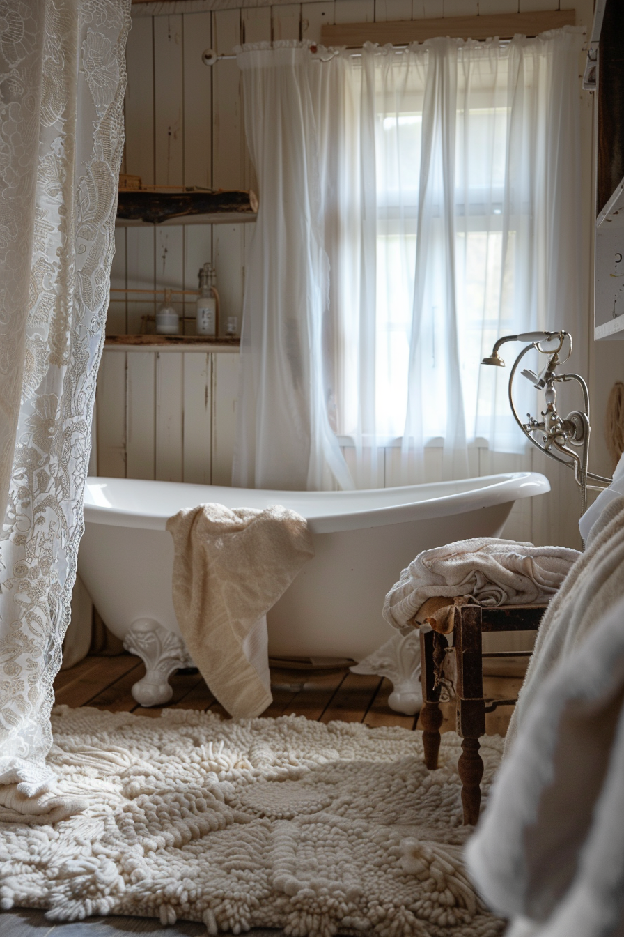 A vintage-style bathroom with a freestanding clawfoot tub, sheer curtains, rustic wooden shelf, and plush white mat.