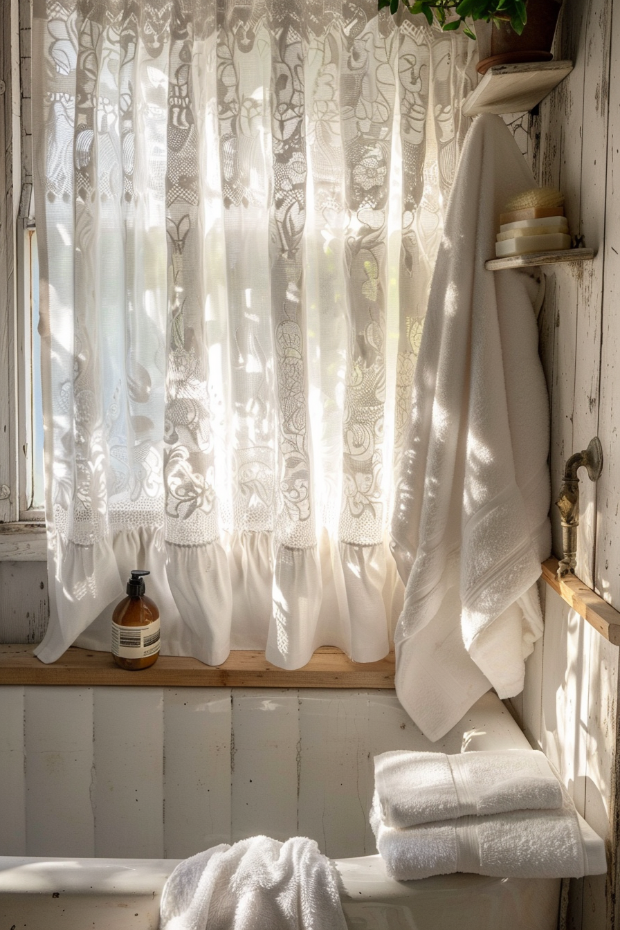 Sunlight streams through white lace curtains onto a rustic bathtub adorned with towels and a bottle of bath product.