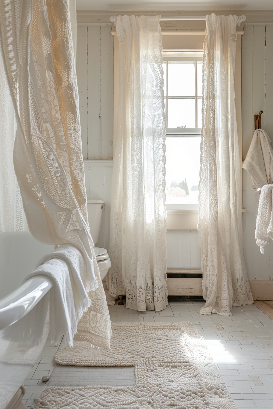 A bright, airy bathroom with white lace curtains at the window, a clawfoot tub, toilet, and textured rugs on a tiled floor.