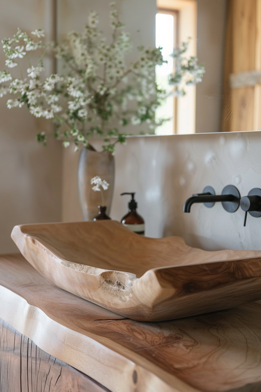 A rustic wooden sink sits on a matching countertop with a modern black faucet, next to a vase with white flowers.