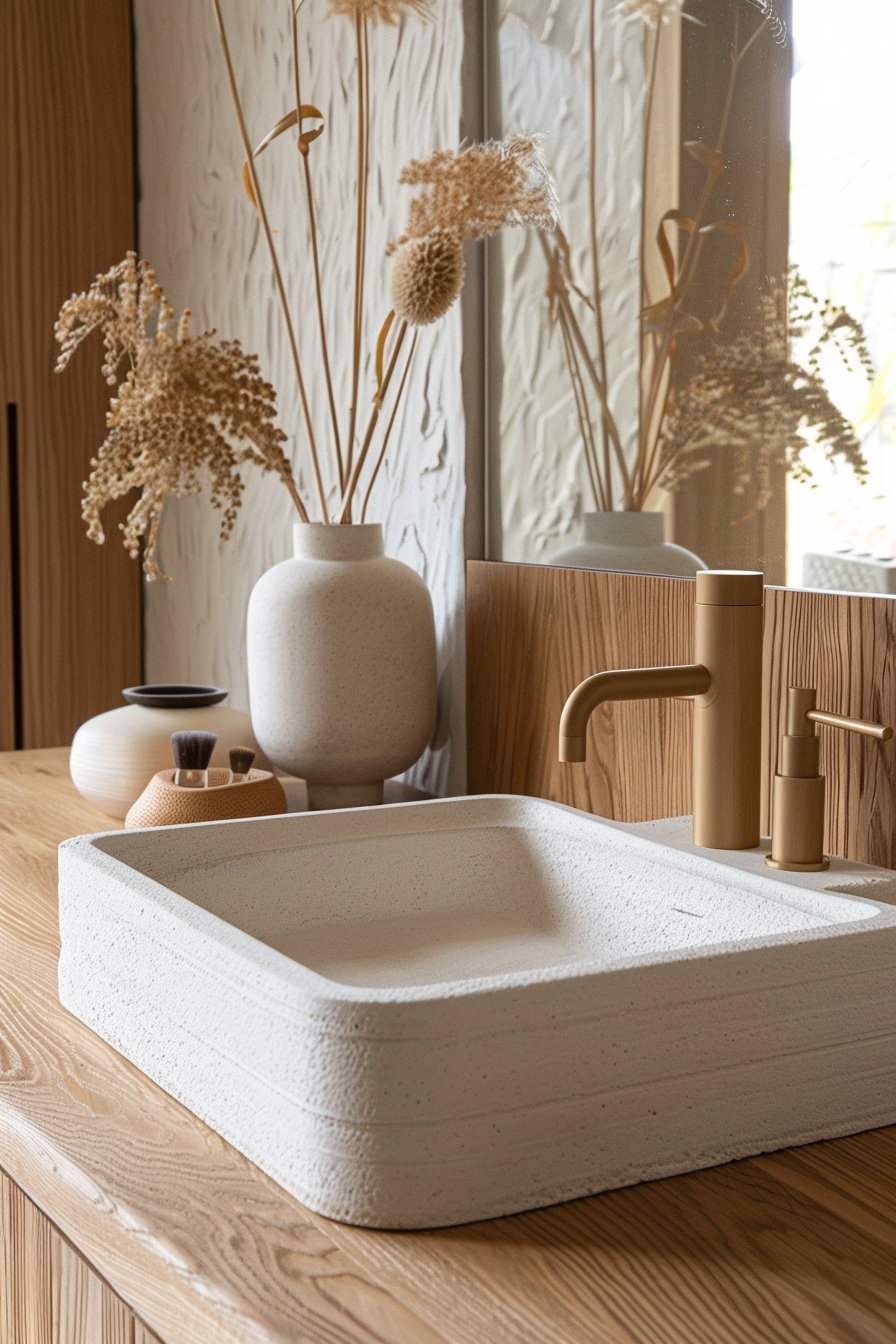 A modern bathroom sink with textured design on a wooden countertop, accompanied by a matte gold faucet and decorative ceramic vases with dried flowers.