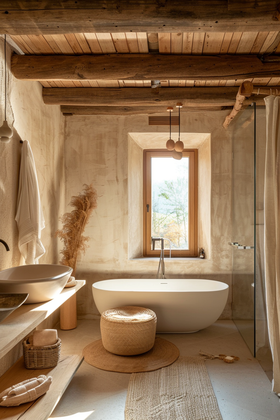 Rustic bathroom with a freestanding tub, wooden beams, neutral tones, and a window with a view of greenery.
