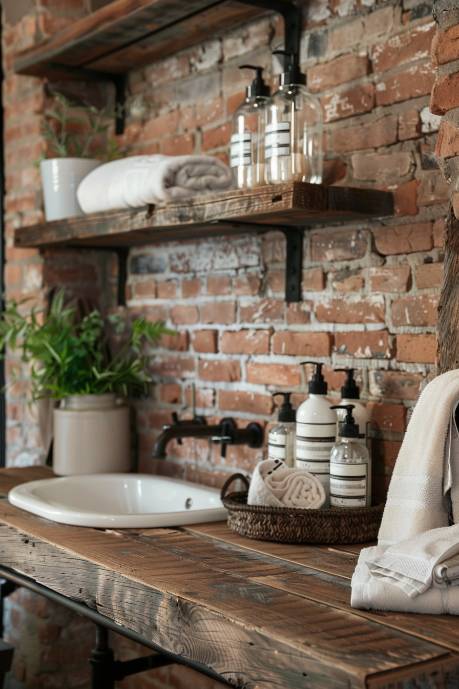 Rustic bathroom interior with a wooden countertop, white basin, black faucet, towels, and soap dispensers against a brick wall.