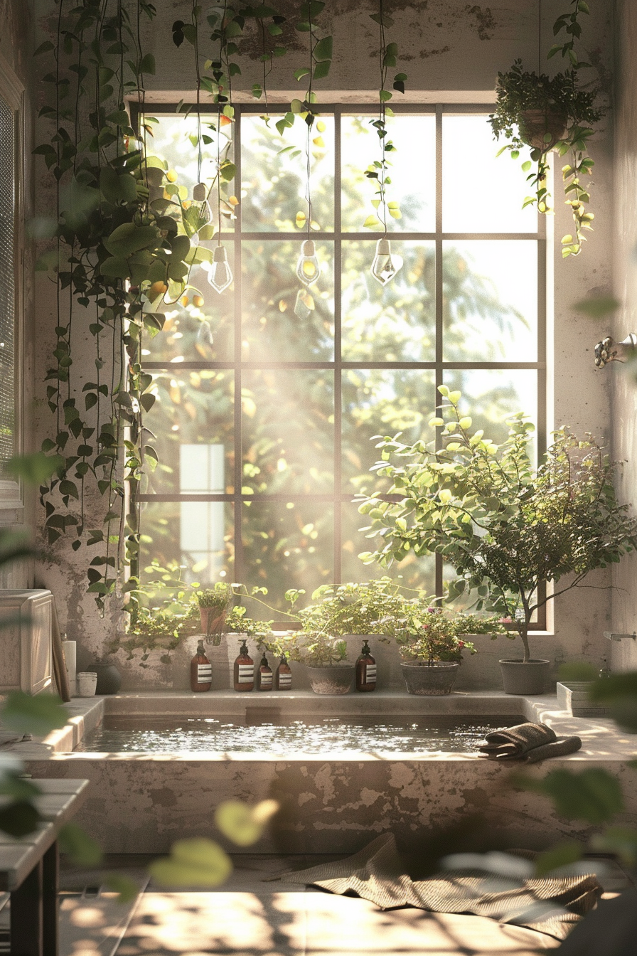 A serene bathroom setting with sunlight streaming through a window adorned with plants, illuminating a filled bathtub.