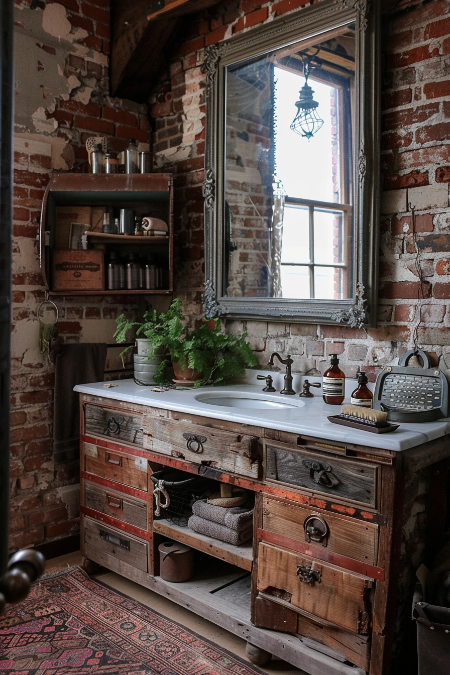 ALT: A rustic bathroom with a vintage wooden vanity, exposed brick walls, a large framed mirror, and antique decor accents.