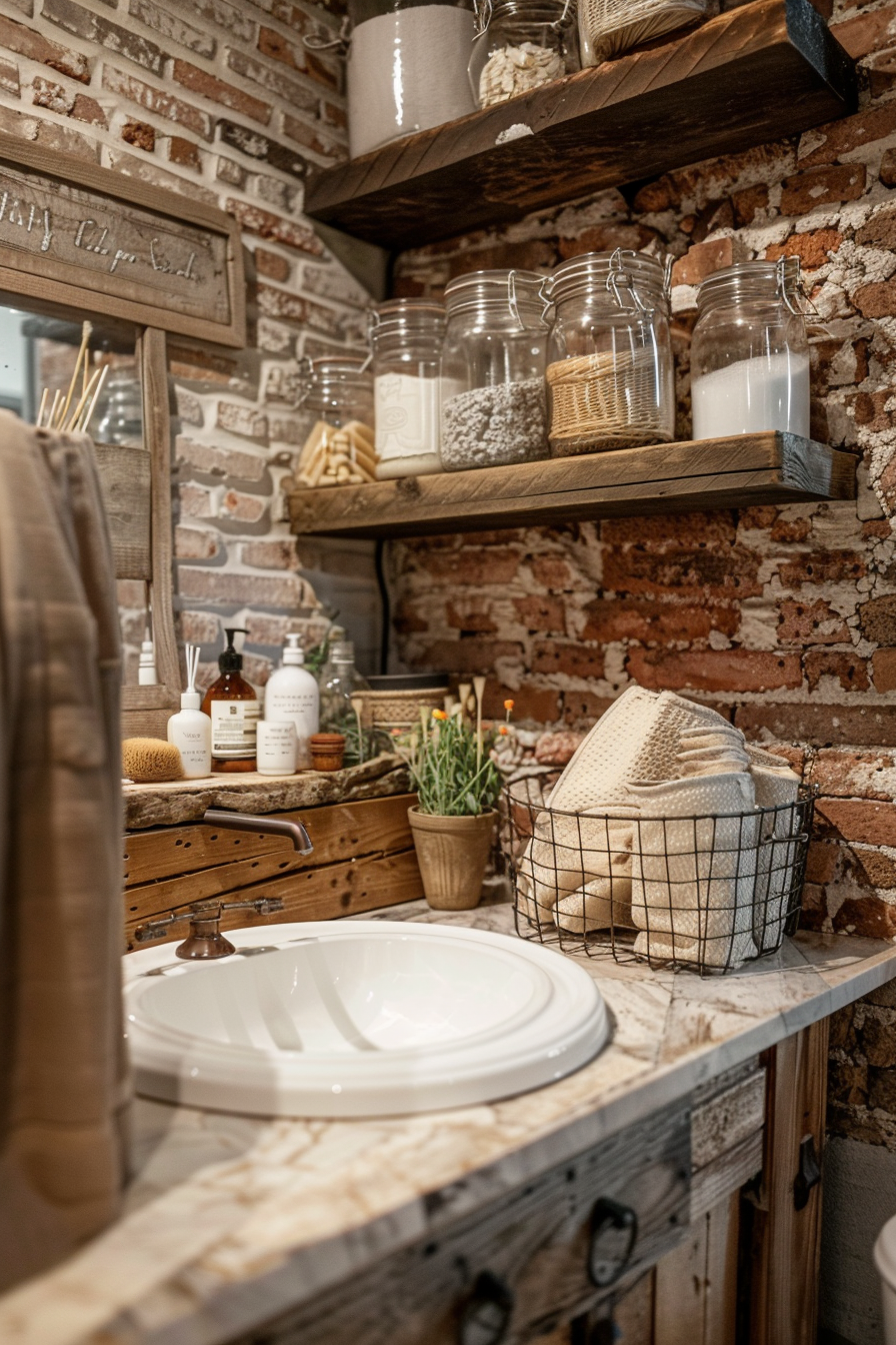 Rustic bathroom interior with exposed brick wall, wooden shelves stocked with jars, towels in a basket, and a white sink with a bronze faucet.