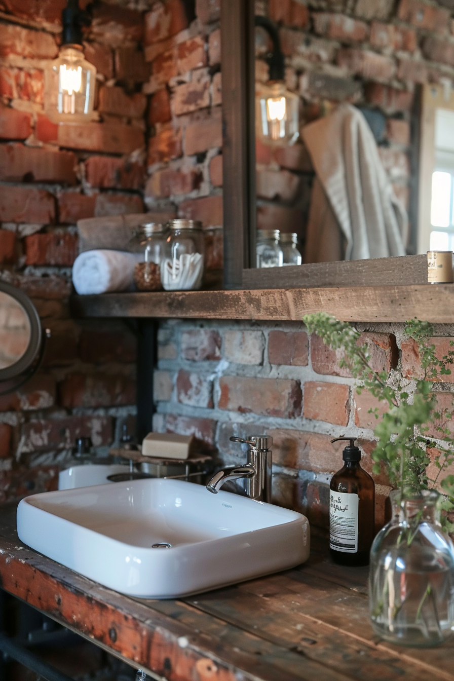 A rustic bathroom with a white basin on a wooden shelf, exposed brick wall, edison bulbs, and decorative jars and bottles.