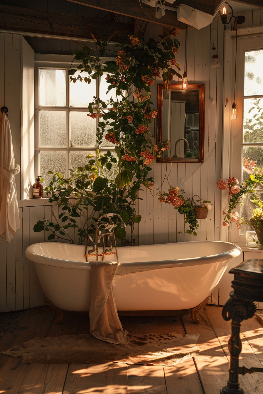 A clawfoot bathtub in a rustic bathroom adorned with hanging plants and warm sunlight filtering through a frosted window.