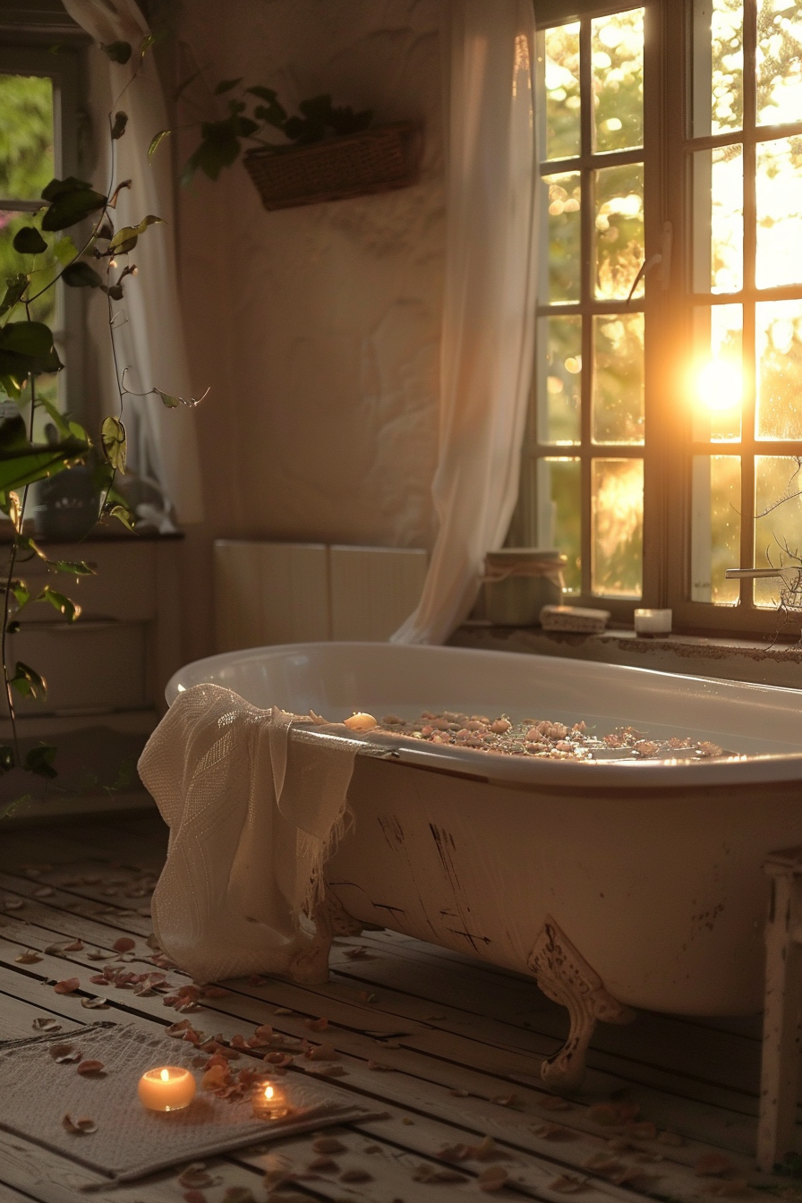 Vintage claw-foot bathtub with floating petals, surrounded by candles, in a cozy room basked in the warm glow of sunset.
