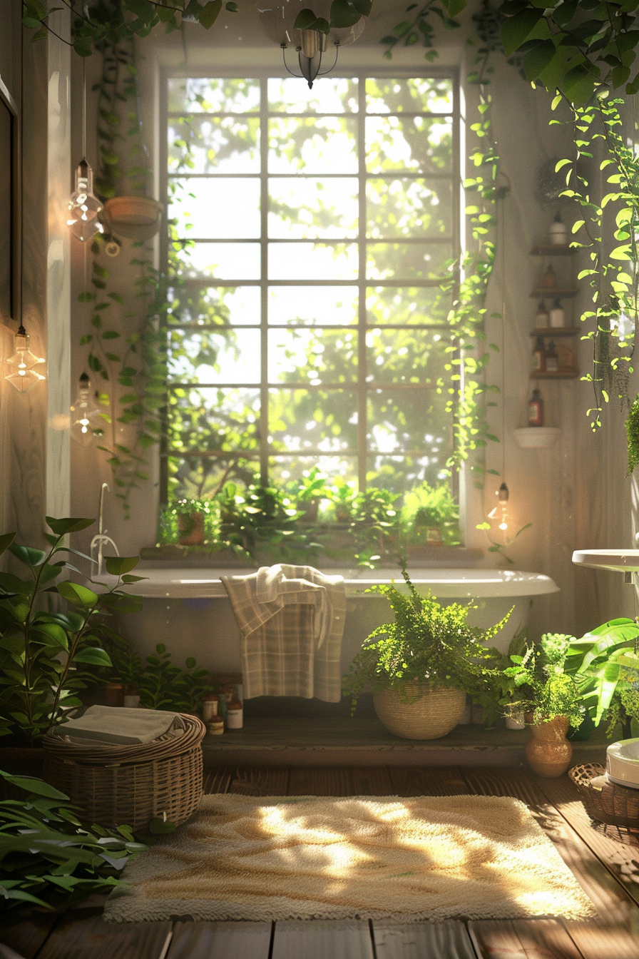 Cozy sunlit bathroom with green plants, a woven rug, and a checkered towel on the edge of a white tub, evoking a serene atmosphere.
