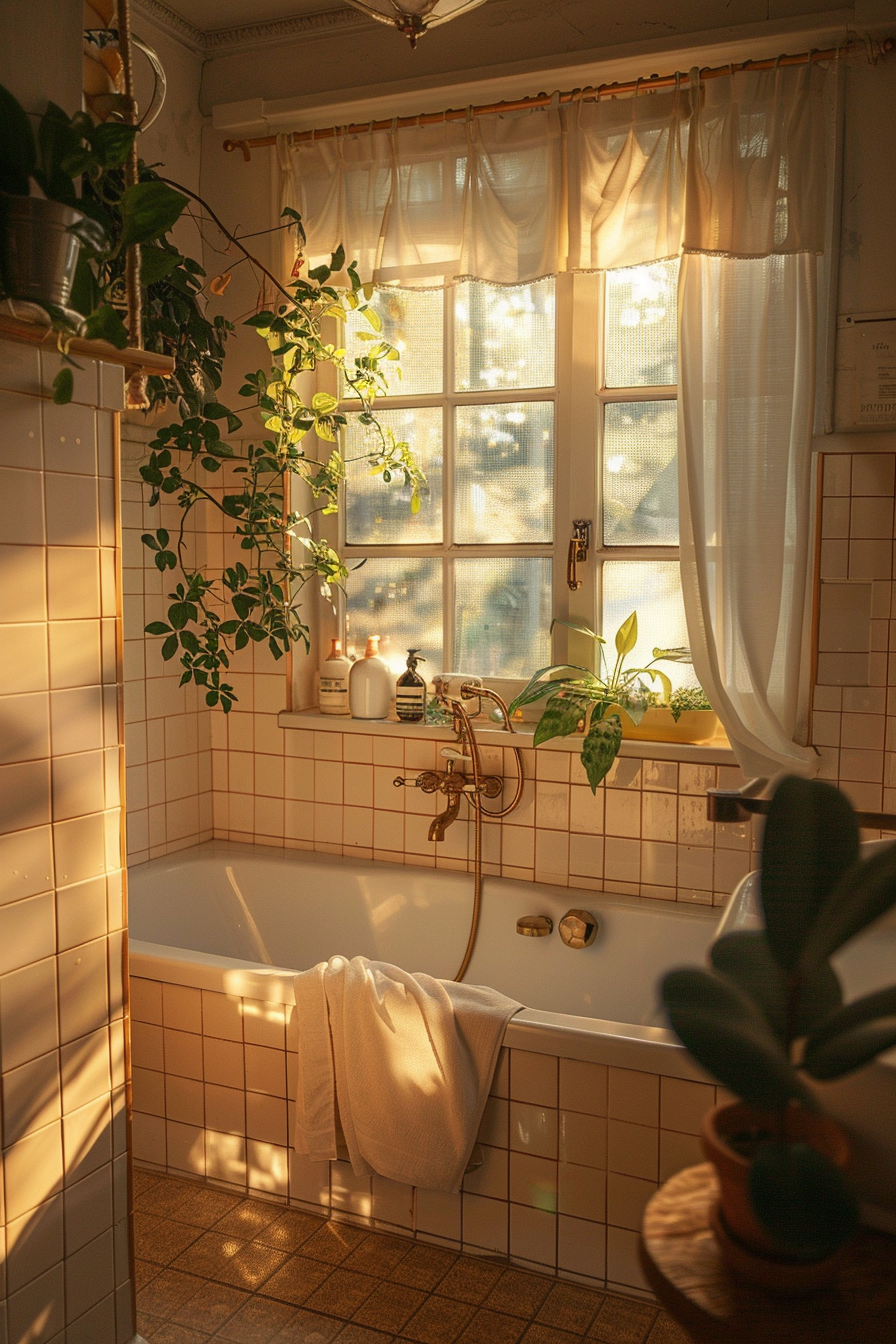 Cozy bathroom with white tiles, a bathtub, plants, a window with curtains, and warm sunlight coming through.