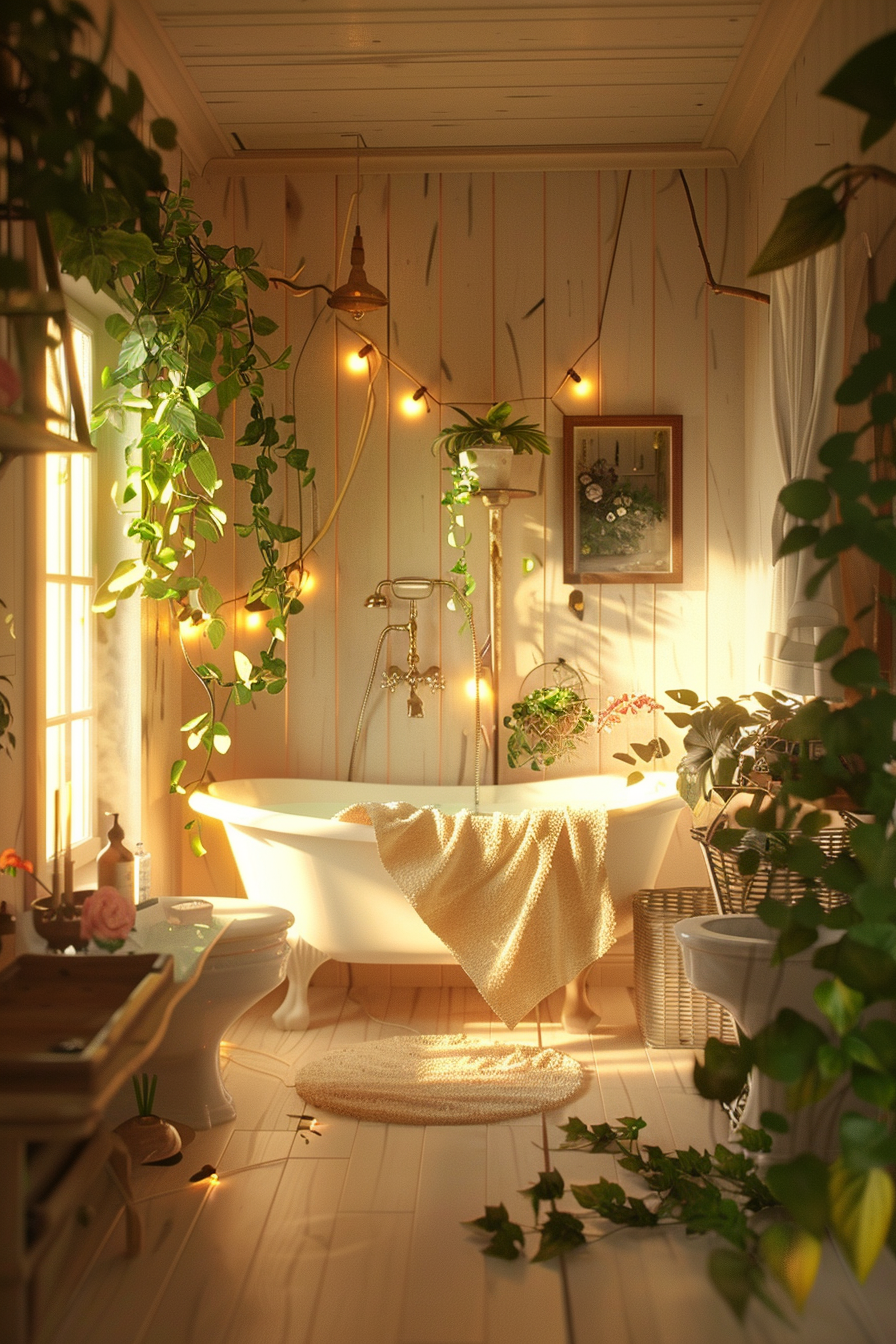 Cozy bathroom with a freestanding tub, surrounded by plants, fairy lights, and warm sunlight through a window.