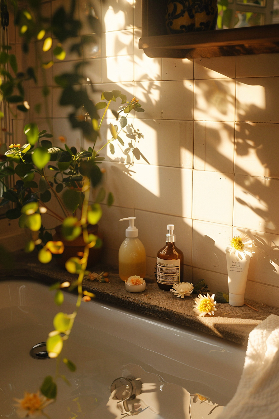 Sunlight filtering through greenery casting shadows on a bathtub with self-care products and flowers along its edge.