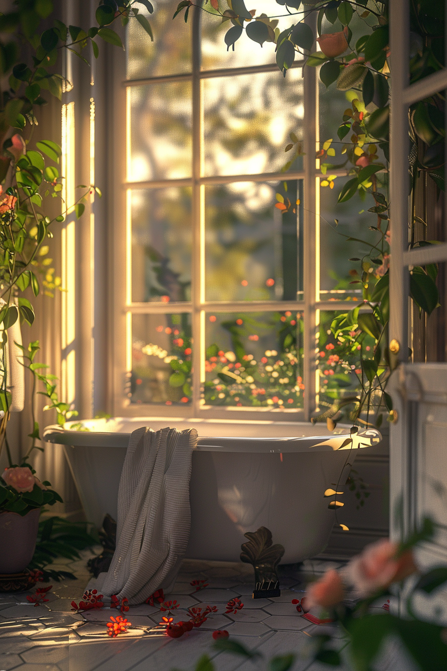 A serene bathroom with a freestanding bathtub by a window overlooking a flower garden, bathed in warm sunlight, with scattered petals on the floor.