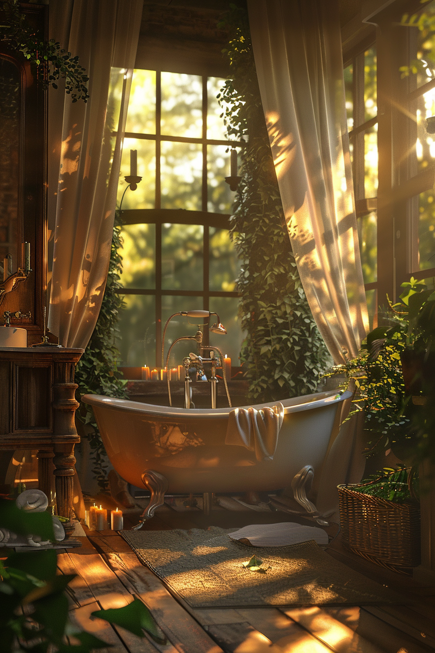 Alt text: A cozy bathroom at sunset with golden light filtering through a window, a claw-foot tub ready for a bath, surrounded by candles and greenery.