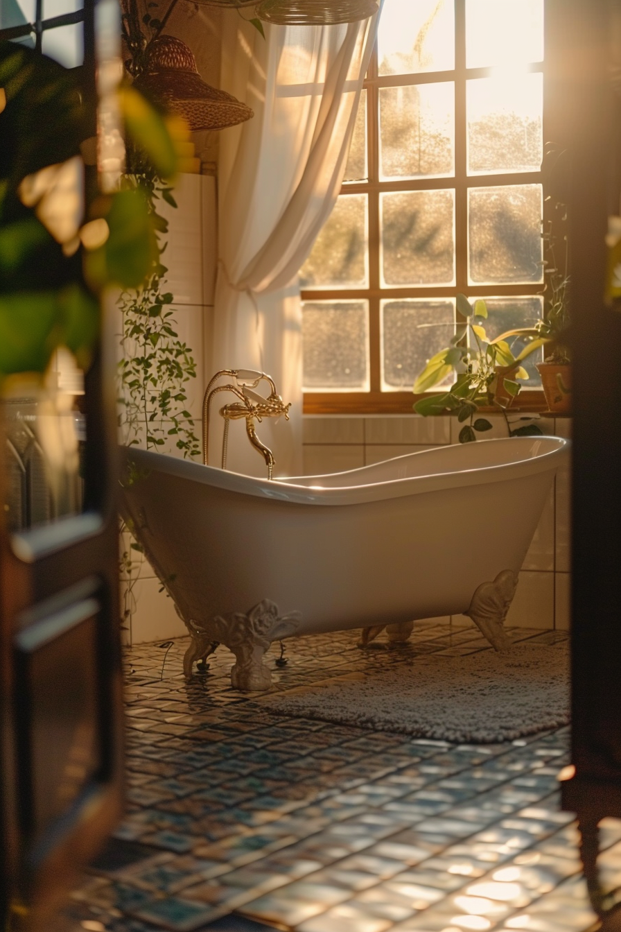 A vintage clawfoot bathtub in a sunlit bathroom with green plants by a window, casting warm light and shadows on the tiled floor.