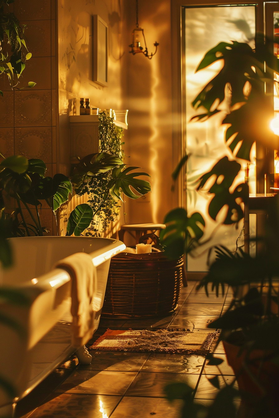 Cozy bathroom ambiance with warm lighting, plants, a bathtub, and candles creating a relaxing atmosphere.