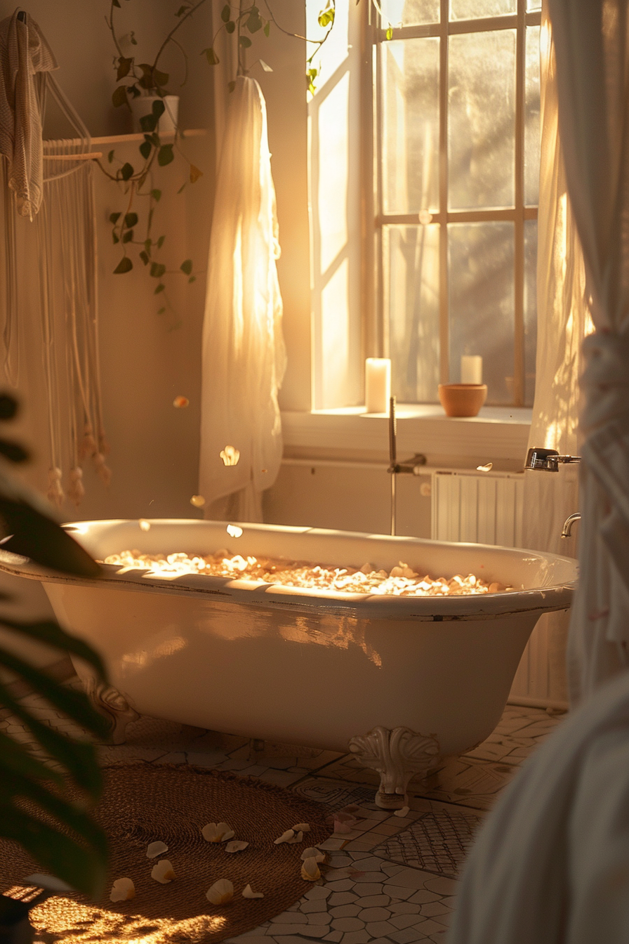 A cozy bathroom with warm sunlight filtering through the window, a claw-foot tub filled with water and petals, and candles on the sill.