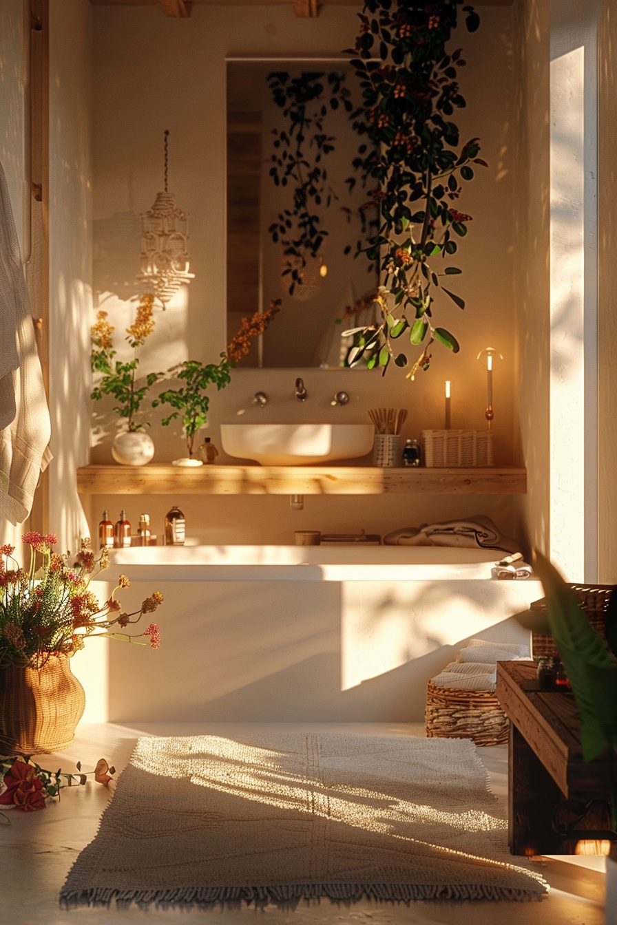 A cozy bathroom with warm sunlight, featuring a sink, mirror, wooden shelves, plants, candles, and a woven rug.