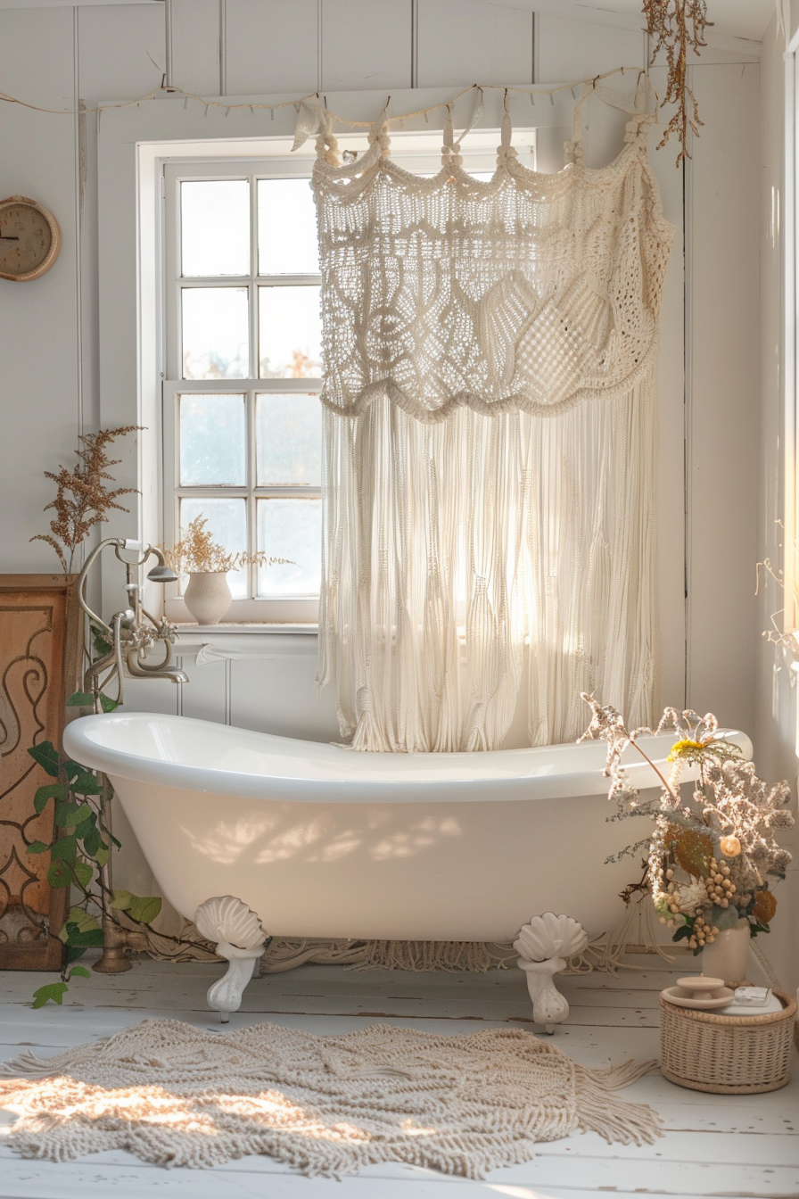 A cozy vintage bathroom with a claw-foot tub, macramé curtain, dried flowers, and warm sunlight streaming through a window.