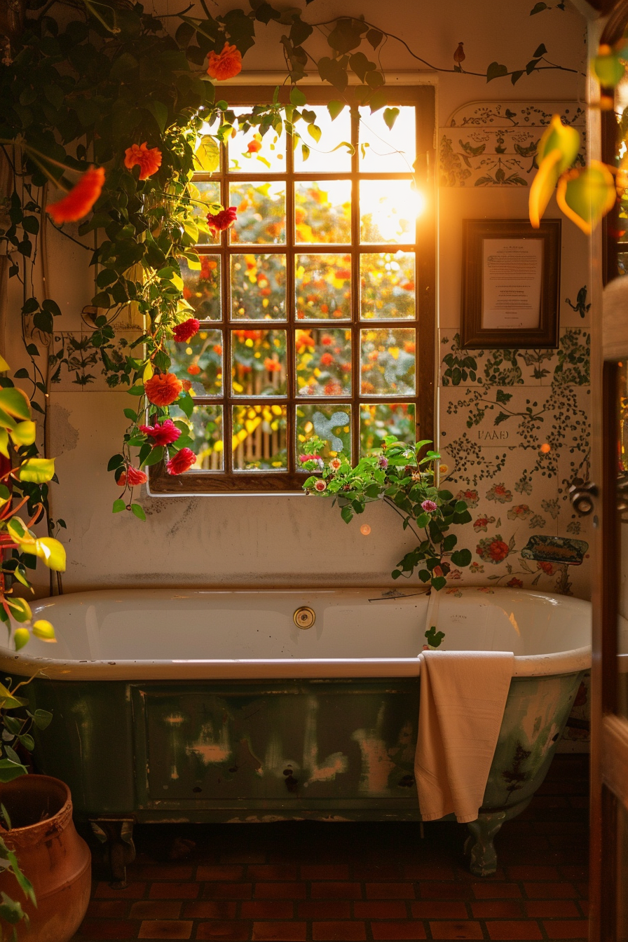 A vintage green bathtub in a cozy bathroom with tile flooring, surrounded by plants and flowers, lit by warm sunlight through a window.