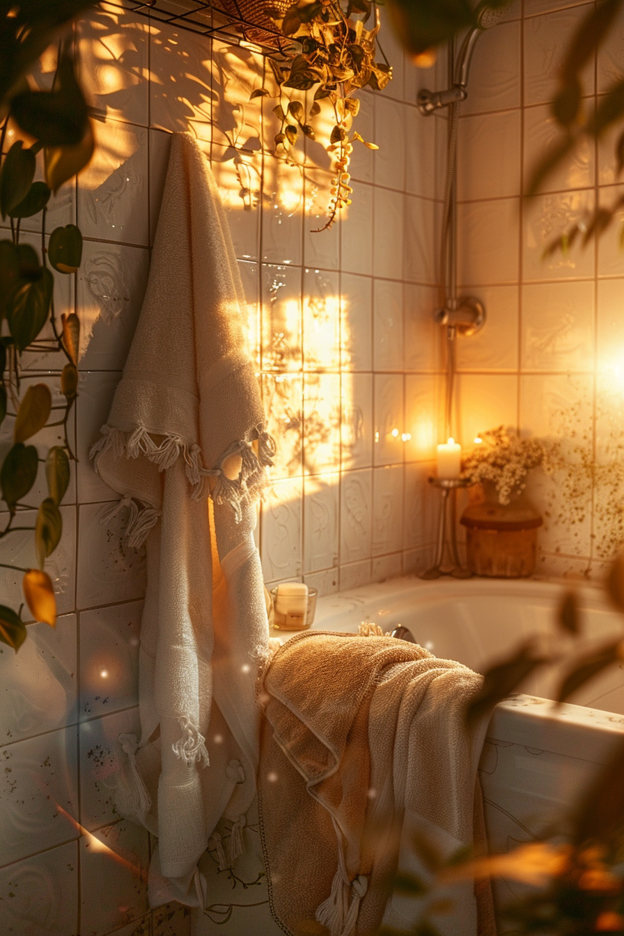 Warmly lit bathroom with hanging plants, a cozy towel on a rack, shimmering light through a window, and a lit candle creating a serene ambiance.