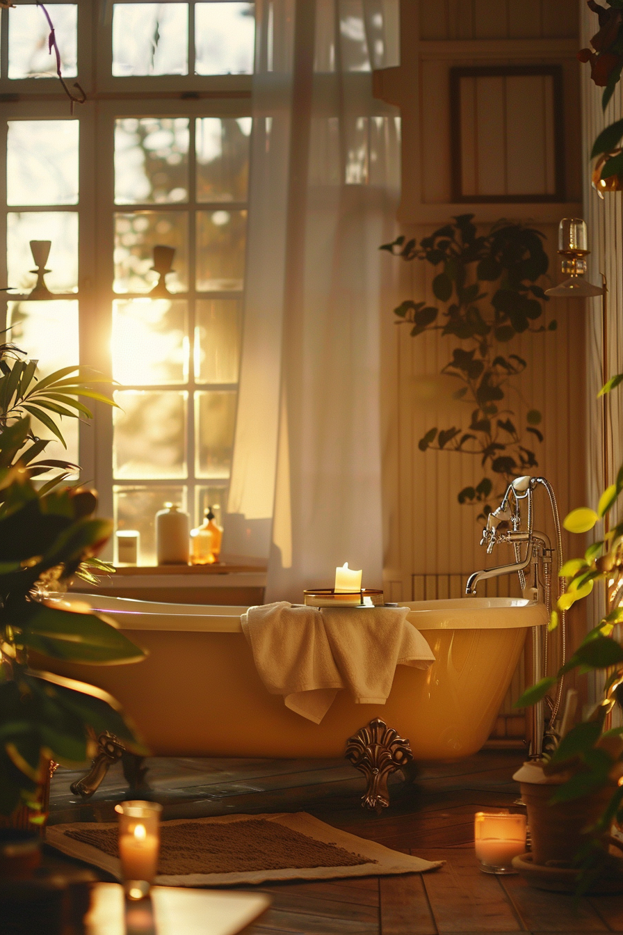 Cozy bathroom setting with a claw-foot bathtub, candles, and sunlight streaming through the window, creating a serene atmosphere.
