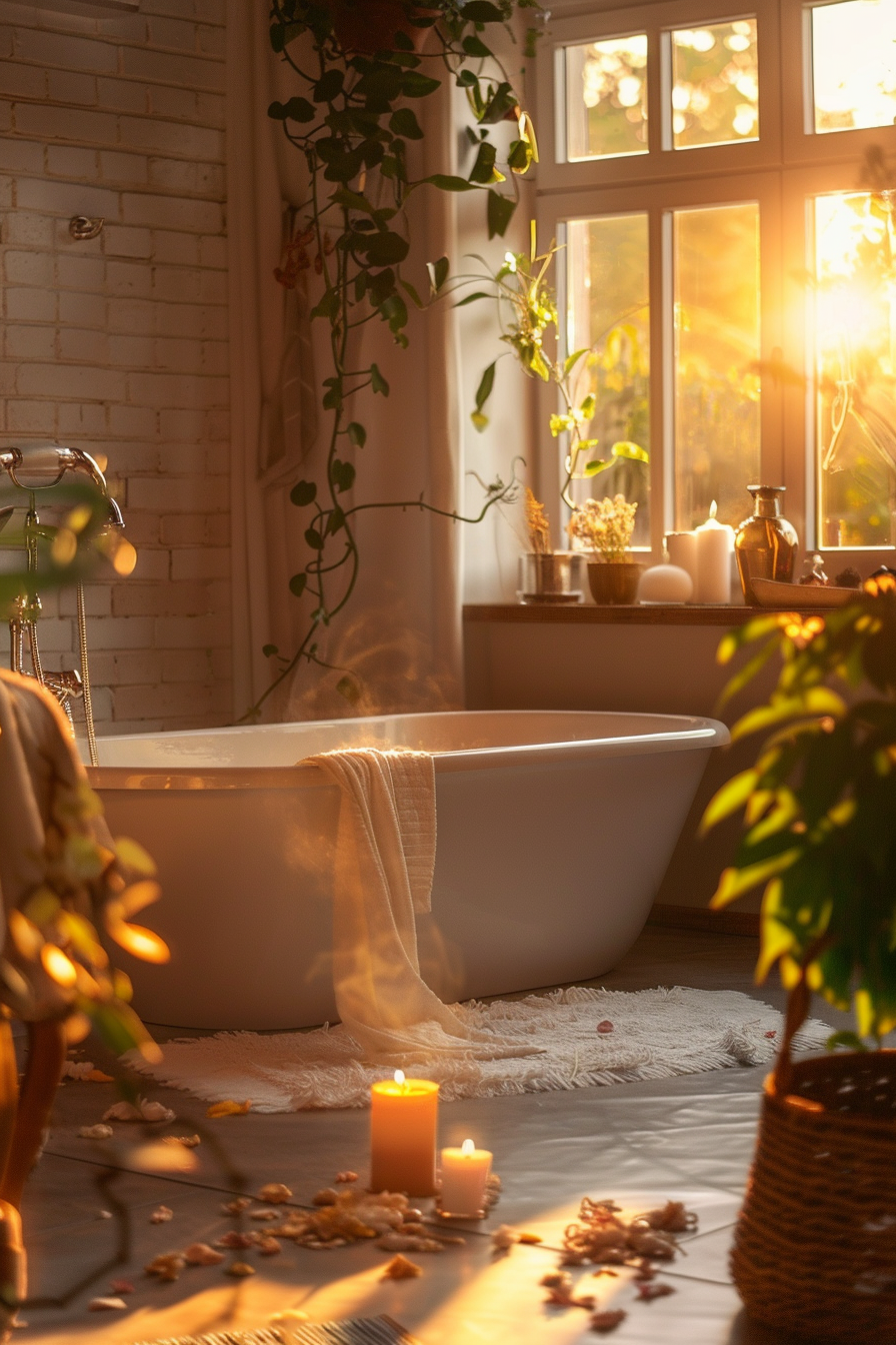A cozy bathroom with a freestanding tub, lit candles, scattered petals, and warm sunlight filtering through a window with plants.