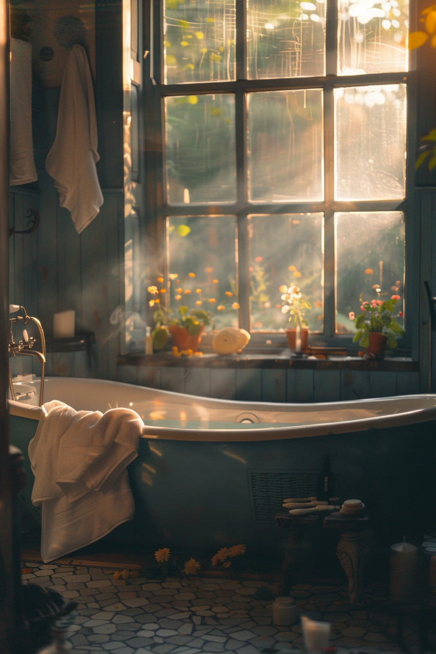 Cozy vintage bathroom interior with a clawfoot tub, warm lighting, plants on the windowsill, hanging towel, and scattered petals on the floor.