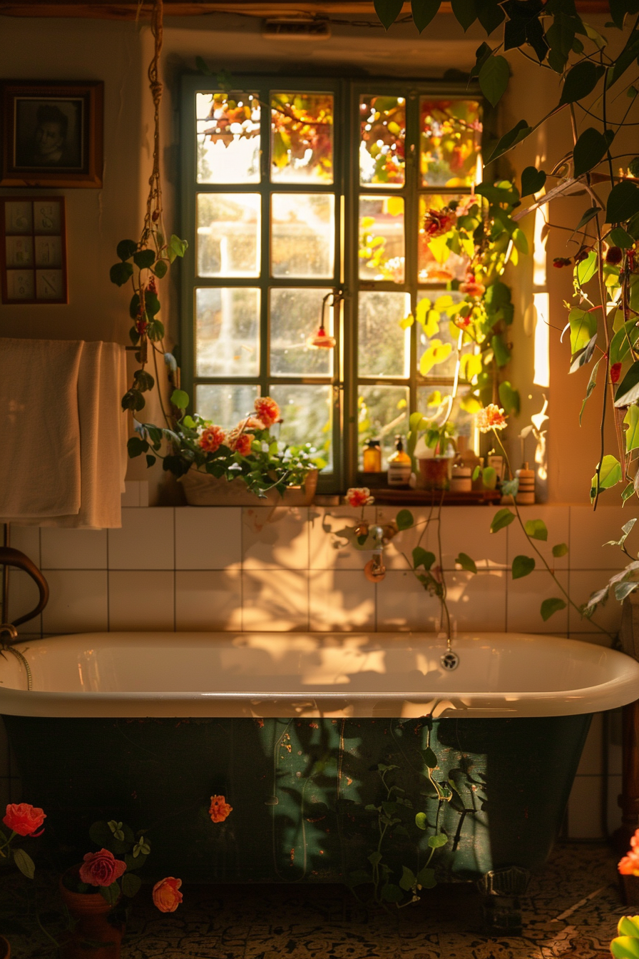 A cozy bathroom with a freestanding bathtub surrounded by potted plants, and sunlight streaming through a leaf-filled window.