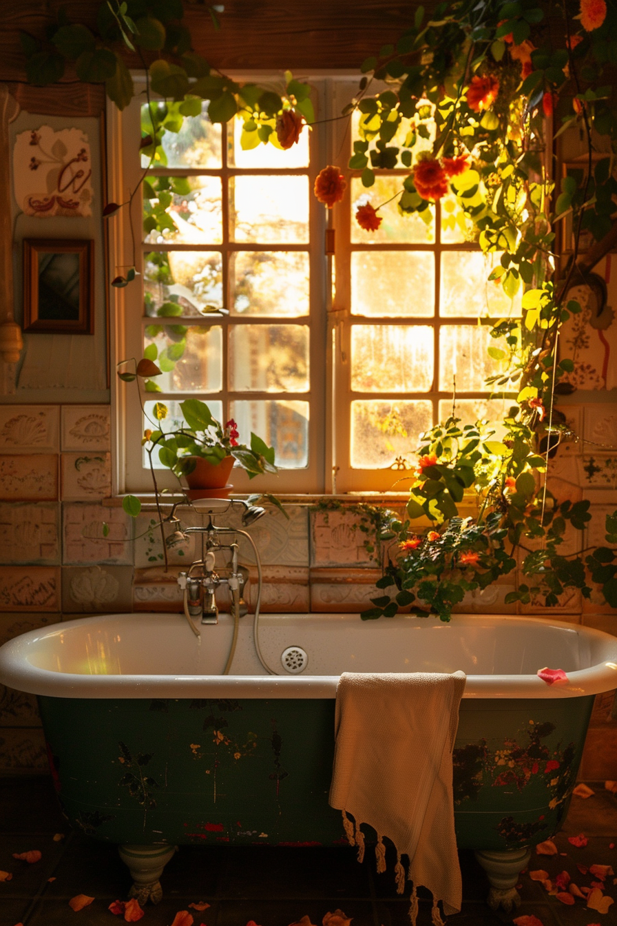 A vintage bathtub with a green exterior and flower petals scattered around, set against a window and surrounded by climbing plants in warm sunlight.