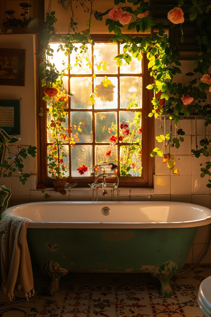 A warm, sunlit bathroom with a green vintage bathtub, surrounded by hanging plants and flowers near a window with a garden view.