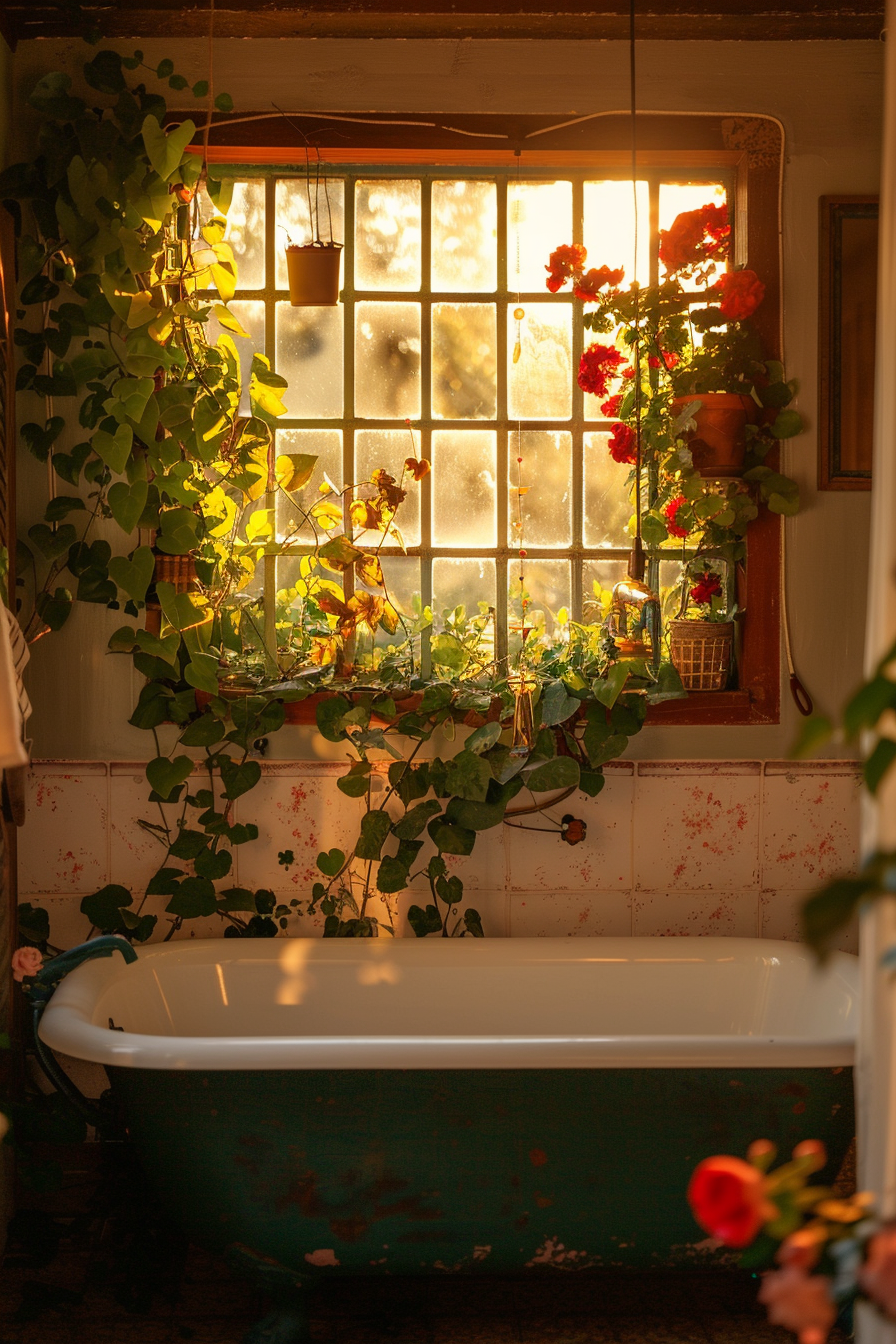 Warm sunlight streams through a frosted window, illuminating a vintage bathtub surrounded by lush greenery and vibrant flowers.