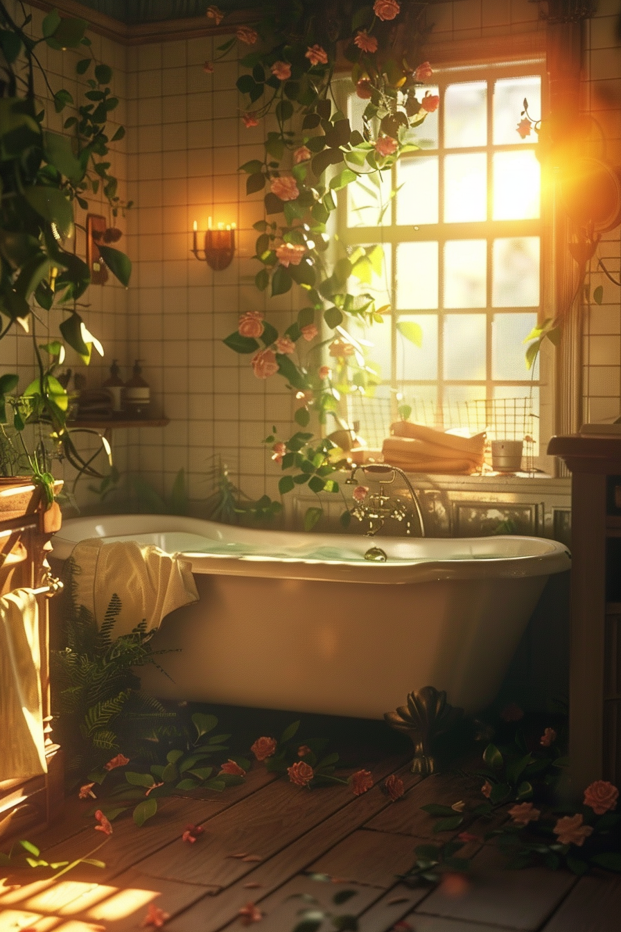 Alt text: A serene bathroom scene with a clawfoot tub surrounded by green plants and roses, with sunlight streaming through a window.