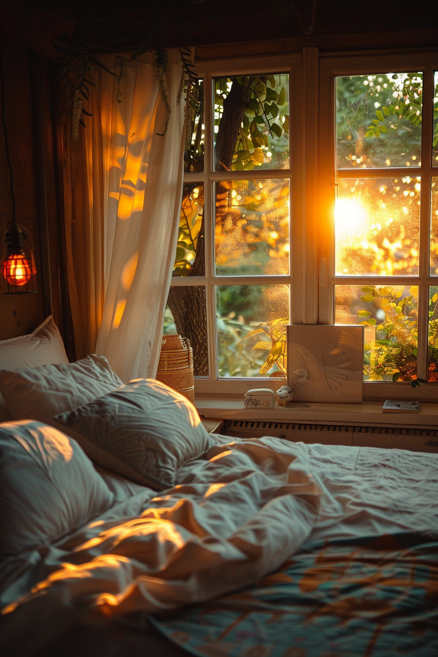 A cozy bedroom at sunset with warm light pouring in through a window, illuminating sheer curtains and a comfortable bed.