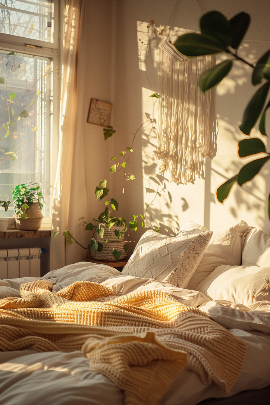 Cozy bedroom bathed in warm sunlight with plants, macrame wall art, and a knit blanket on an unmade bed.