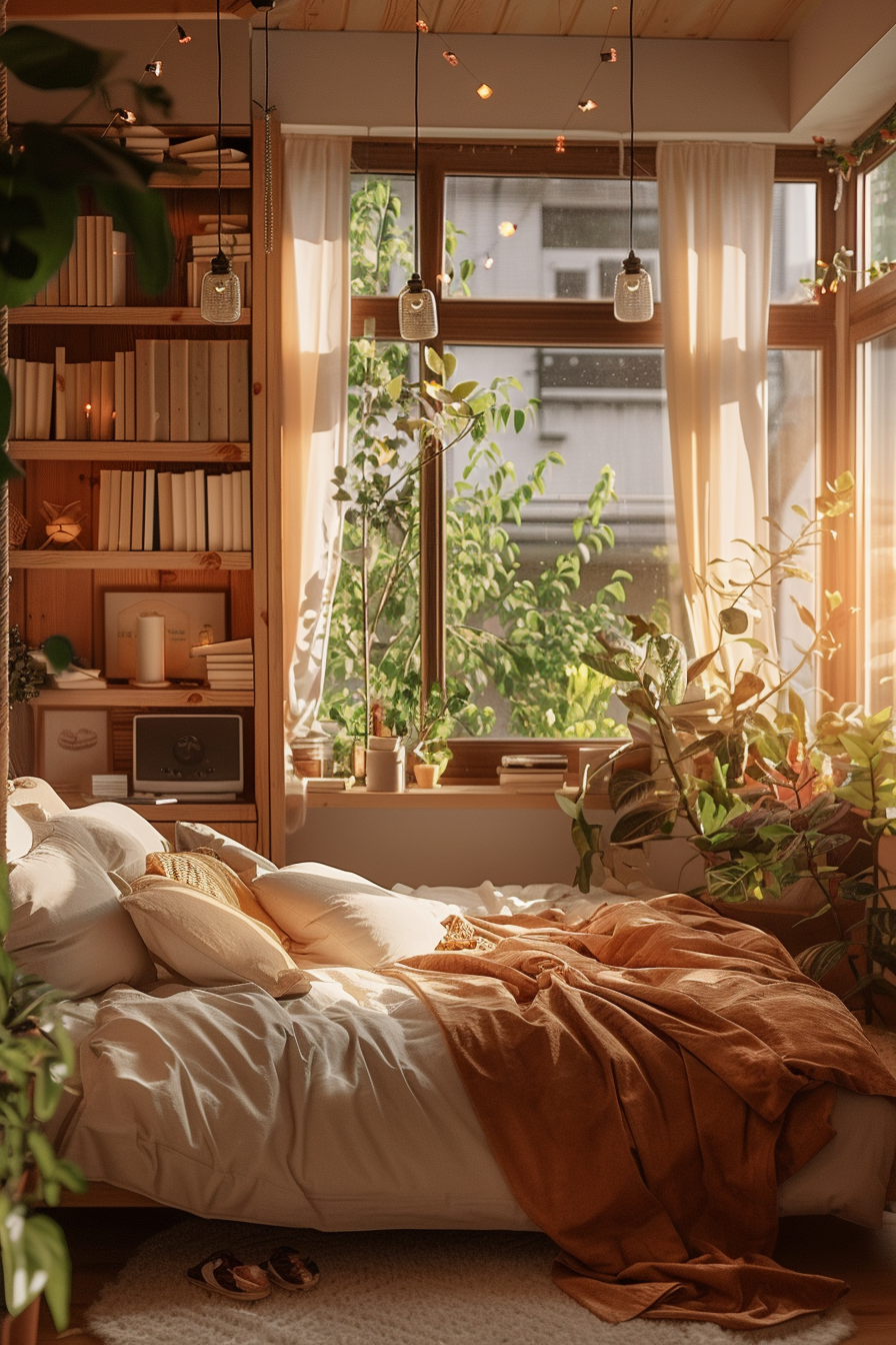 Cozy bedroom at sunrise with warm light, unmade bed, plants on windowsill, bookshelf, hanging lights, and slippers on the rug.