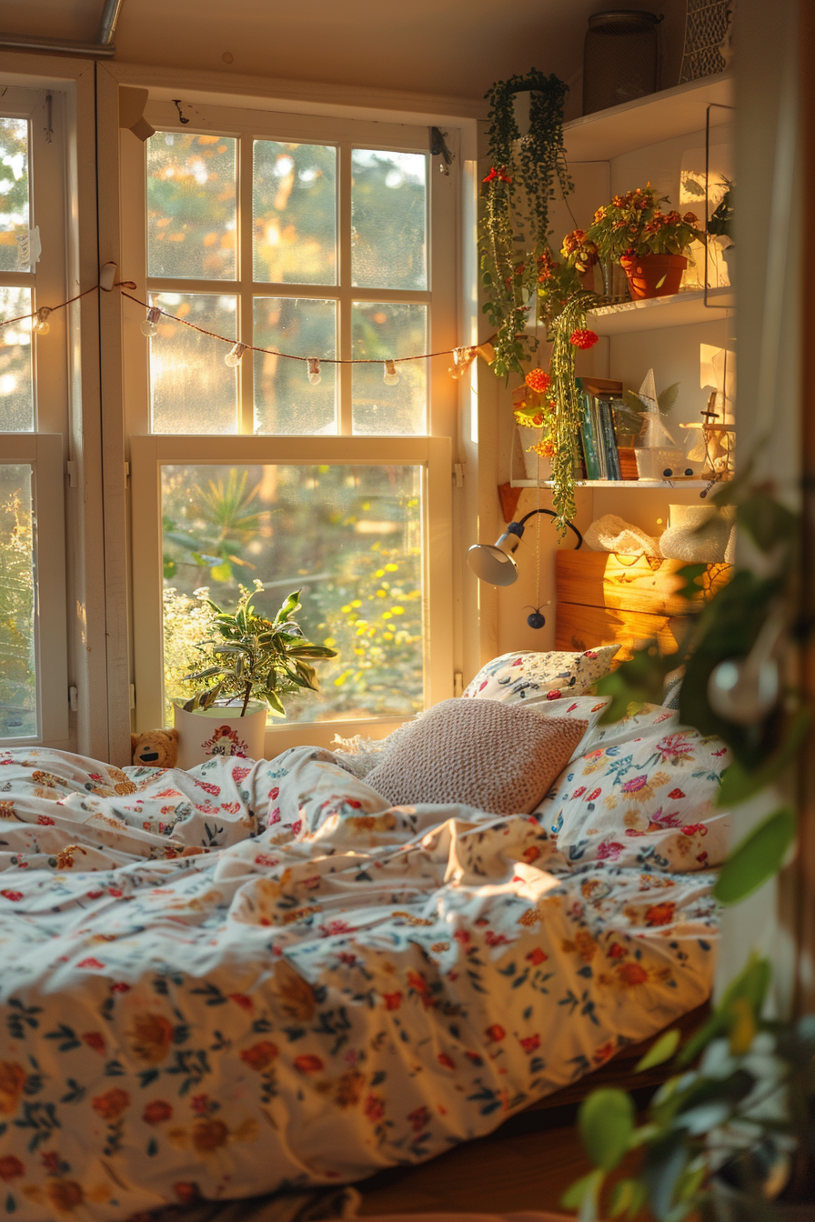 Cozy bedroom with a bed covered in floral linens, surrounded by plants and books, bathed in warm sunlight from a window.