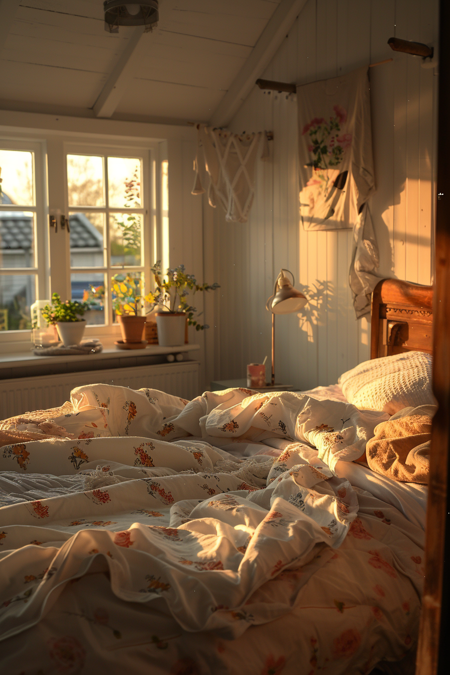 Cozy bedroom at sunset with crumpled floral bedding, plants on windowsill, and warm golden light filtering through the window.