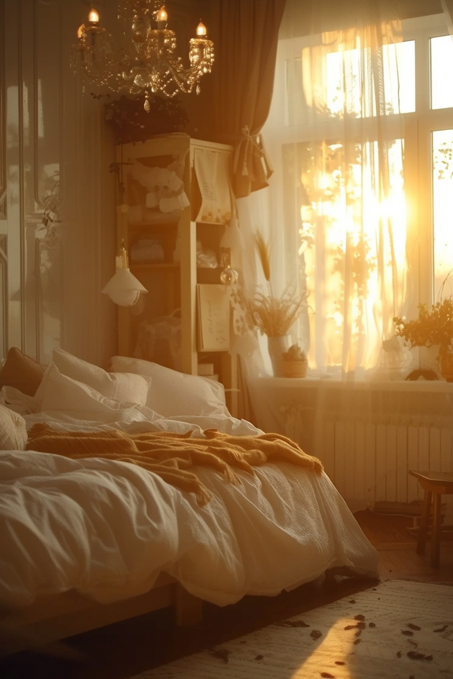 Cozy bedroom with an unmade bed, soft lighting, and a chandelier, bathed in the warm glow of the morning sun through sheer curtains.
